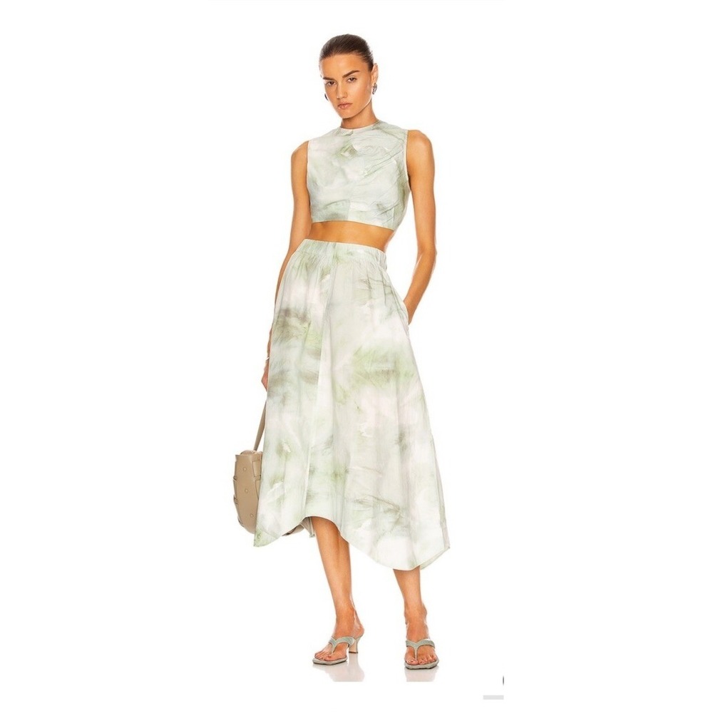 Ganni Women's 2pc Set Printed Cotton Poplin Maxi Skirt and Top Kelly Green Sz‎ 6
